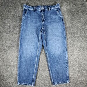 Uniqlo Wide Leg Men's Jeans 37x27 100% Cotton Drawstring Waist Blue Denim